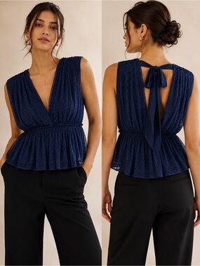 Anthropologie Navy Polka Dot Sheer Peplum Tie Back Blouse size L